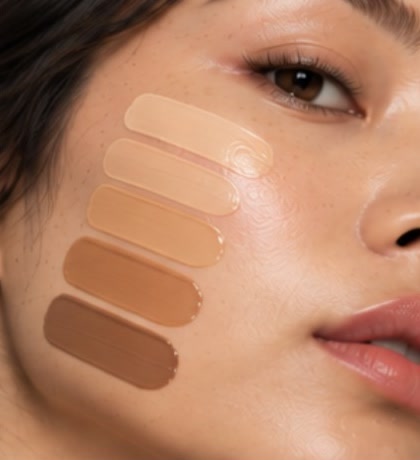 A model with light skin and five foundation swatches on her cheek