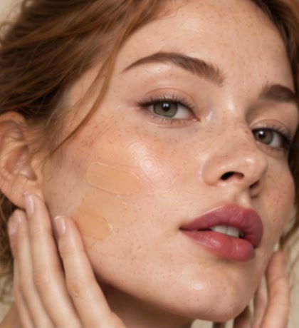 A model with freckled fair skin and two foundation swatches on her cheek