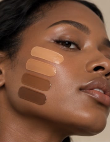 A model with deep skin and four foundation swatches on her cheek