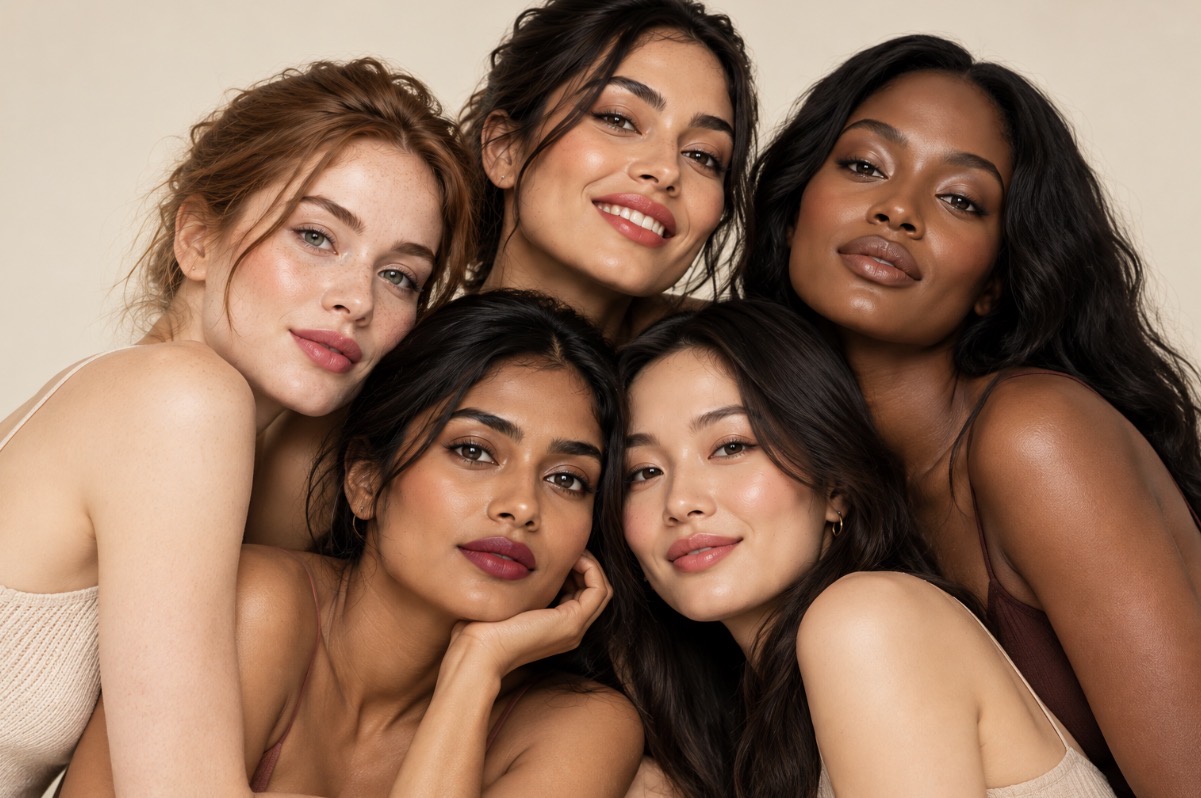 Five models with different skin tones posing together, each wearing a different lipstick. An AI-generated photo.