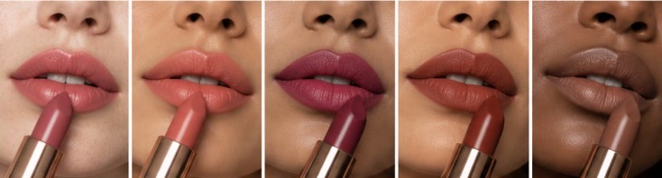 Five close-ups of lips, each wearing a different lipstick shade with the lipstick beside it