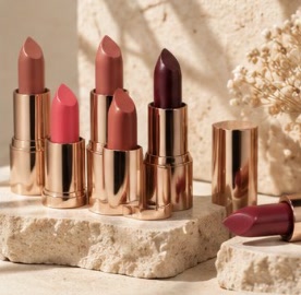 Lipsticks in several shades standing on a stone block. An AI-generated photo.
