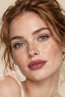 A model with red hair and freckles, shown in four lipstick looks