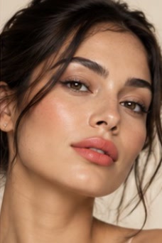 A model with dark hair pinned up, shown in four lipstick looks