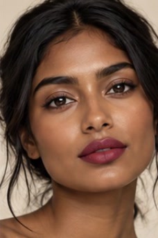 A model with long black hair, shown in four lipstick looks