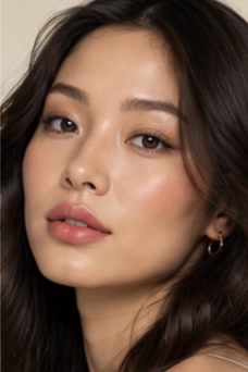 A model with straight black hair, shown in four lipstick looks