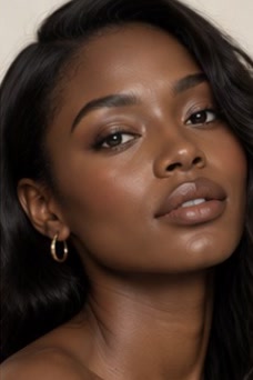 A model with dark curly hair, shown in four lipstick looks